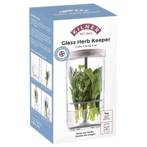 Contenitore per erbe aromatiche Kilner in vetro, trasparente, riempito con erbe nella confezione originale.