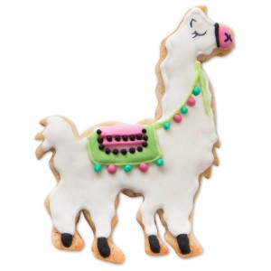 Dekoriertes Lama-Plätzchen mit weißem Zuckerguss und bunten Details, geformt mit dem 9 cm Edelstahl Ausstecher.