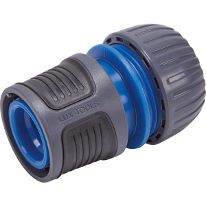 Raccord de tuyau LUX 19 mm avec arrêt d'eau pour tuyaux d'arrosage, en plastique et métal.