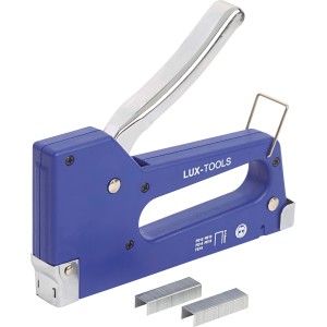 Cucitrice manuale LUX Classic, blu, con punti metallici. Adatta per pannelli e isolanti.