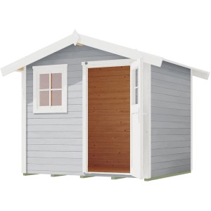 Abri de jardin gris 123 avec toit à deux pentes, mur en bois, fenêtre et porte ouverte.