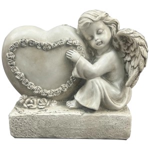 Figurine d'ange grise avec cœur, hauteur 16,5 cm, en polyrésine, pour décoration de tombe ou jardin.