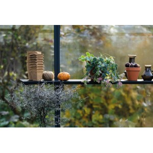 Étagère à lamelles Juliana noire avec plantes et accessoires dans la serre.