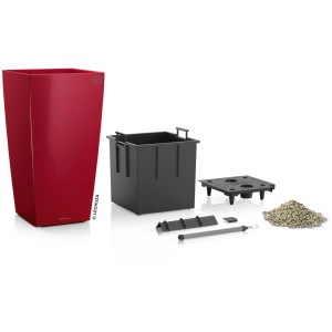 Pot de fleurs Lechuza Cubico Premium, 40 cm, Rouge Scarlet, brillant, avec accessoires.
