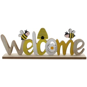 Dekorativer Aufsteller "Welcome" in Gelb-Weiss mit Bienen und Bienenkorb für die Gartendekoration.