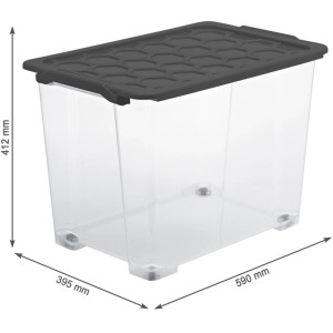 Boîte de rangement Rotho EVO SAFE 65l, transparente, couvercle anthracite, roulettes, empilable.