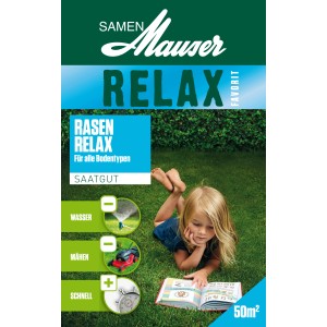 Verpackung Rasensamen Relax 1 kg: pflegeleichter Rasen für alle Bodentypen.