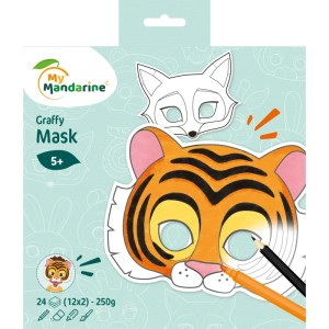 MyMandarine Graffy Pop Mask Ausmalbuch Tiere. Teilweise bemalte Tigermaske, Fuchsmaske, Stifte zum Ausmalen.