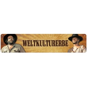 Targa in metallo Puag "Patrimonio Mondiale" con Bud Spencer e Terence Hill, 10x46 cm.