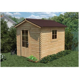 Abri de jardin en bois avec toit en bitume ondulé marron dans le jardin.