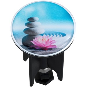Wenko tappo lavandino Pluggy Mod. Spirit con motivo di pietre e fiori di loto.