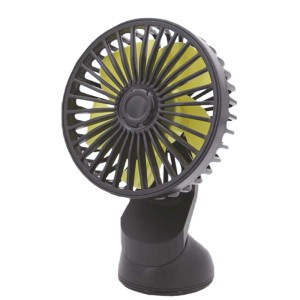 Ventilatore auto nero con porta USB, 12x7,5 cm, pale rotore gialle.