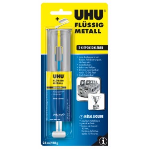 UHU Metallo Liquido adesivo epossidico bicomponente in siringa doppia, ideale per riparare crepe e fori.