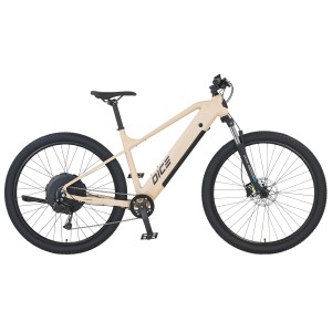 VTT électrique Prophete Dice 2.0 beige sable avec batterie intégrée et pneus 29 pouces.