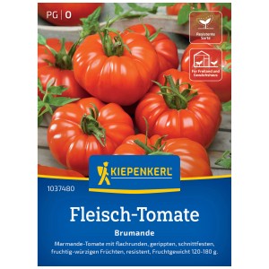 Graines de tomate charnue Kiepenkerl Brumande F1, tomates rouges côtelées sur l'emballage.