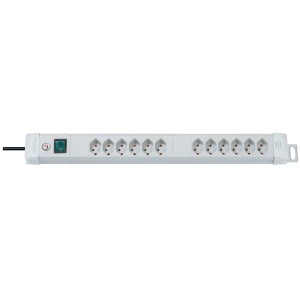 Premium-Line Steckdosenleiste mit 12 Steckdosen, Lichtgrau, 3m Kabel und beleuchtetem Schalter.