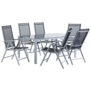 Ensemble de meubles de jardin Beliani Catania avec 6 chaises, aluminium, noir, table avec plateau en verre.
