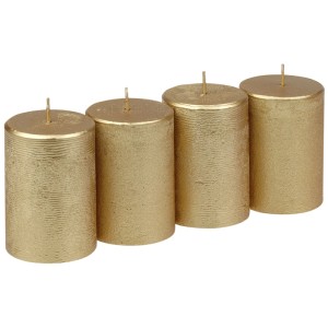 Quatre bougies piliers Steinhart Rustic-Glanz dorées, Ø 5,8 x 8 cm, pour une décoration de l'Avent chaleureuse.