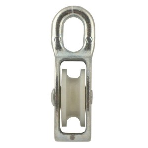 Carrucola semplice 10 mm in acciaio zincato con rullo in plastica per funi in fibra.