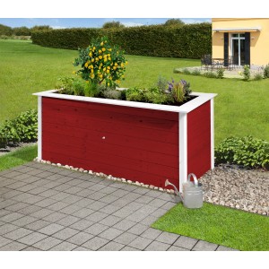 Letto rialzato Weka Herba, rosso/bianco, con piante in giardino.