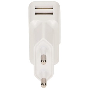 Caricatore USB Goobay bianco con 2 porte USB-A e spina europea.