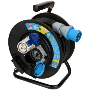 Enrouleur de câble noir avec câble de 30 m, prises T23, CEE16 et Schuko, protection IP44.