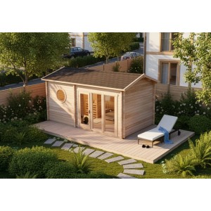 Sauna de jardin Finntherm Genf-70 en épicéa naturel avec fenêtre panoramique et chaise longue.