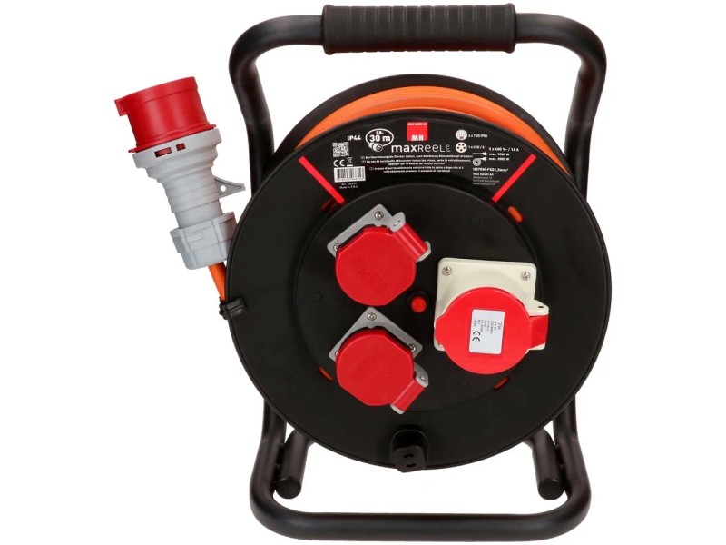 Enrouleur De Câble CEE 25 M WoMoTools - Câble Jaune Blindé 3G2.5 - Fiche CEE Vers Prise Schuko Coudée - IP44 - Pour Camping-Car