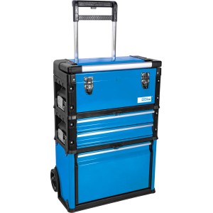 Chariot à outils Güde GWZT 2/1 bleu avec roulettes, poignée télescopique et coffre à outils.