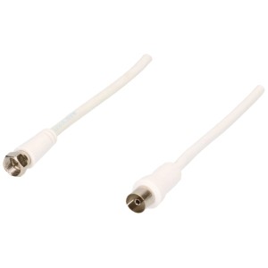Câble de connexion SAT Schwaiger blanc, 1,5 m, avec connecteur F et connecteur coaxial.
