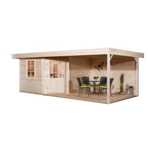 Weka Saunahaus Salo 2 avec extension et terrasse, bois naturel.