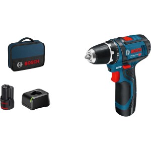 Avvitatore a batteria Bosch Professional GSR 12V-15 con batterie, caricabatterie e borsa.