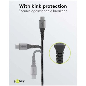 Textilkabel USB-A auf USB-C, 1m, schwarz-grau, mit Knickschutz für Audio & Video.