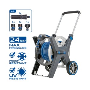 LUX Avvolgitubo Set Pro con tubo da 30 m. Tamburo in metallo, tubo blu e accessori.