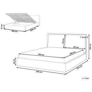 Skizze: Beige Beliani Bett 180x200 mit Stauraum und Maßen.