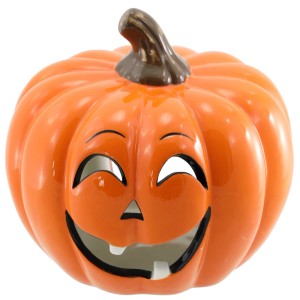 Lanterna a vento zucca in porcellana arancione, 17 cm, con faccia sorridente. Ideale per decorazioni autunnali e Halloween.