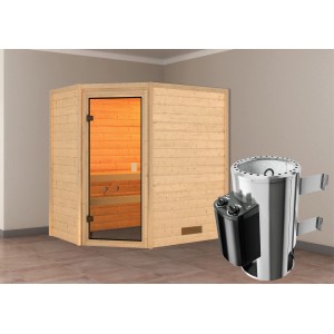 Sauna Karibu Jella con stufa: sauna in legno massello con ingresso ad angolo e porta in vetro bronzato. Incl. stufa con comando.