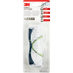Lunettes de protection 3M SecureFit 400 avec verres transparents et monture vert-noir sous blister.
