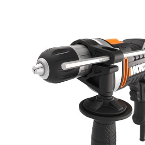 Worx Schlagbohrmaschine WX328 (810 W) im Detail: Bohrfutter, Tiefenanschlag und Handgriff.