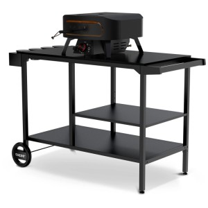Cozze BBQ-Station Elements mit Pizzaofen, schwarze Outdoorküche mit Ablageflächen und Rädern.