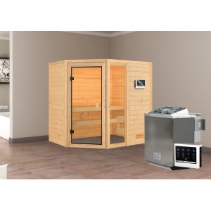 Sauna Karibu Jada con stufa bio e ingresso ad angolo, in legno massello con porta in vetro bronzato.