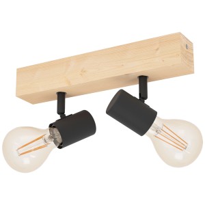 Lampada a barra Eglo Townshend con due faretti neri e supporto in legno.