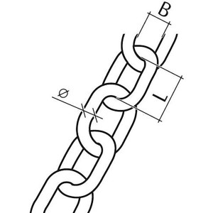Disegno di una catena in acciaio tondo zincato (6 mm) con dimensioni per lunghezza e larghezza della maglia.