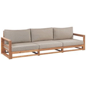 Divano da giardino Beliani Timor II a 3 posti in legno di acacia con cuscini color talpa.