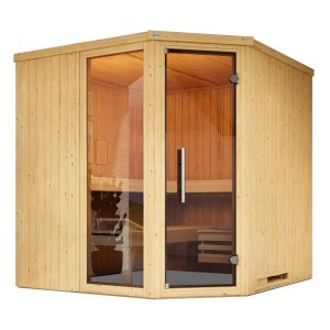 Sauna d'angle Weka Varberg avec porte et fenêtre en verre, épicéa naturel, incl. poêle et bancs.