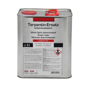 3 l Terpentinersatz, farblos und entaromatisiert, in einem Metalleimer mit rotem Deckel.