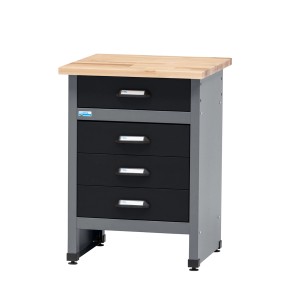 Banco da lavoro Küpper con 4 cassetti, struttura in metallo nero-grigio chiaro, piano in legno di faggio.