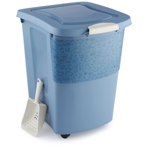 Conteneur bleu pour aliments pour animaux Rotho Archie 38 l avec couvercle, roulettes et pelle.