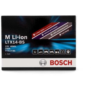 Batterie moto Bosch LI-ION 48 Wh / LTX14-BS dans sa boîte, accessoire auto électrique.