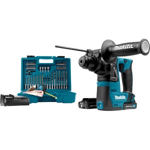 Set trapano tassellatore a batteria Makita HR140DSAE1 con batterie, caricabatterie e valigetta.